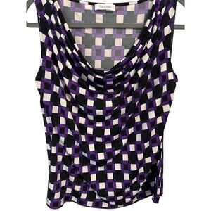 Calvin Klein XL purple abstract design draped cowl neck sleeveless silky top
